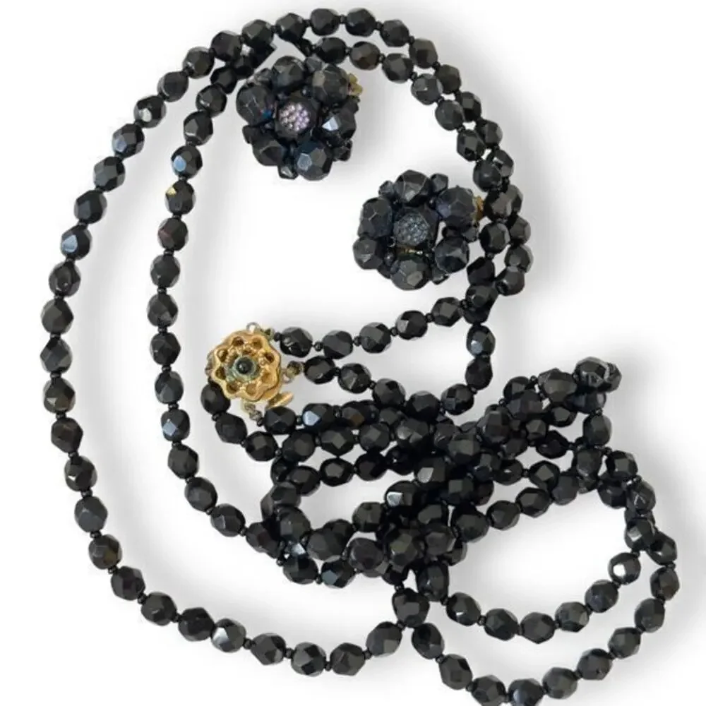 Vintage West German 25” Bead Double Strand Necklace and Clip Earrings 1950s